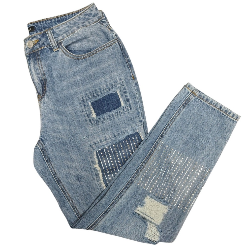 Boston Proper Women's Jeans Size 6 Distressed Patchwork Sequins Boho Artsy Fun